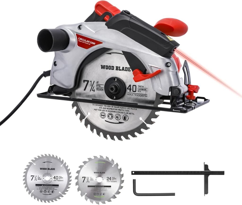 Circular Saw, 1500W Powerful Circular Saws with Laser Guide, 4700RPM Compact Circular Saw with 2 Saw Blades (24T+ 40T) 0-90° Adjustment, Electric Saw for Wood, Branches, Compressed Boards, PVC Pipes