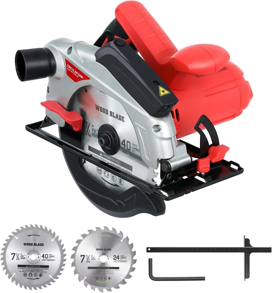 Circular Saw, 1500W Powerful Circular Saws with Laser Guide, 4700RPM Compact Circular Saw with 2 Saw Blades (24T+ 40T) 0-90° Adjustment, Electric Saw for Wood, Branches, Compressed Boards, PVC Pipes