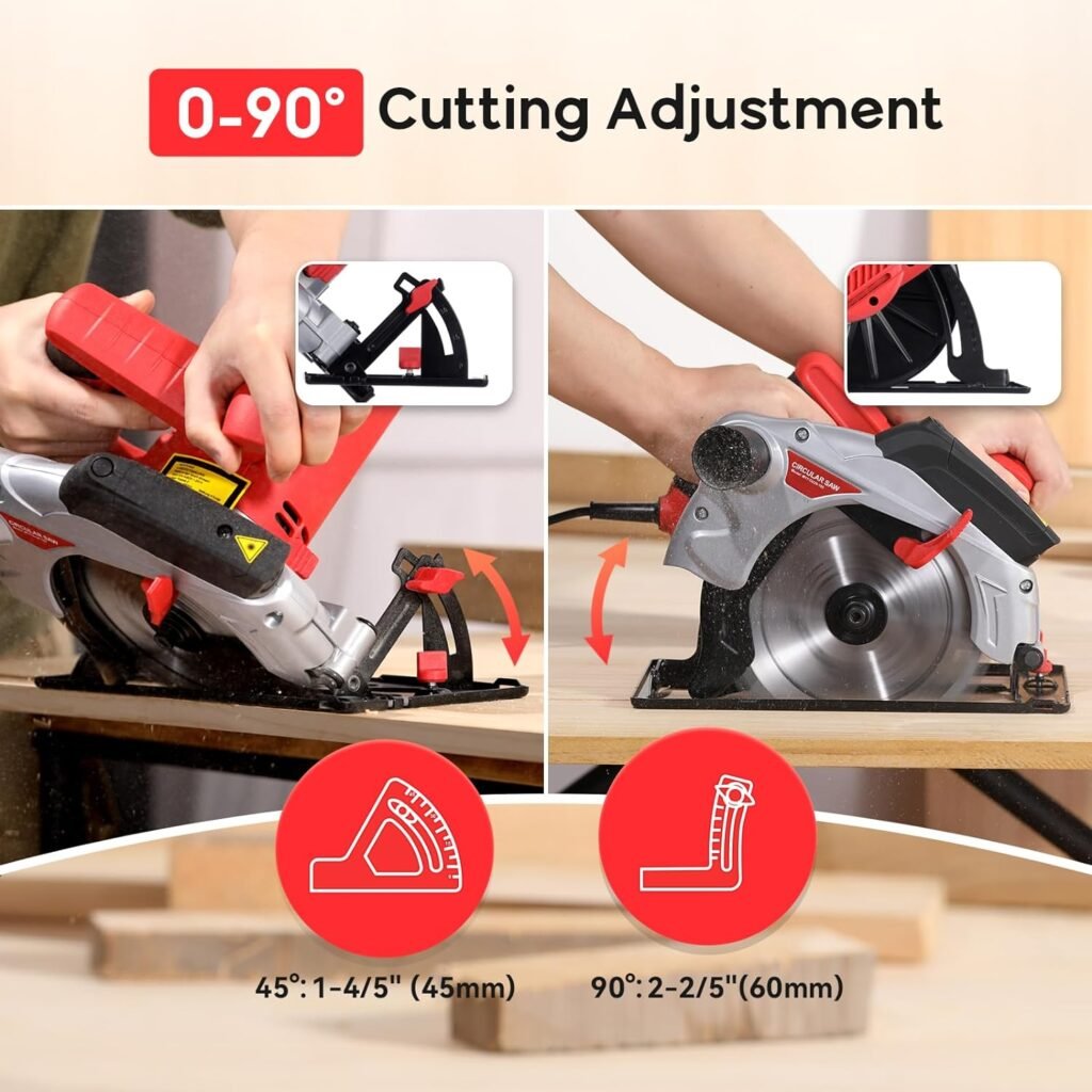 Circular Saw, 1500W Powerful Circular Saws with Laser Guide, 4700RPM Compact Circular Saw with 2 Saw Blades (24T+ 40T) 0-90° Adjustment, Electric Saw for Wood, Branches, Compressed Boards, PVC Pipes