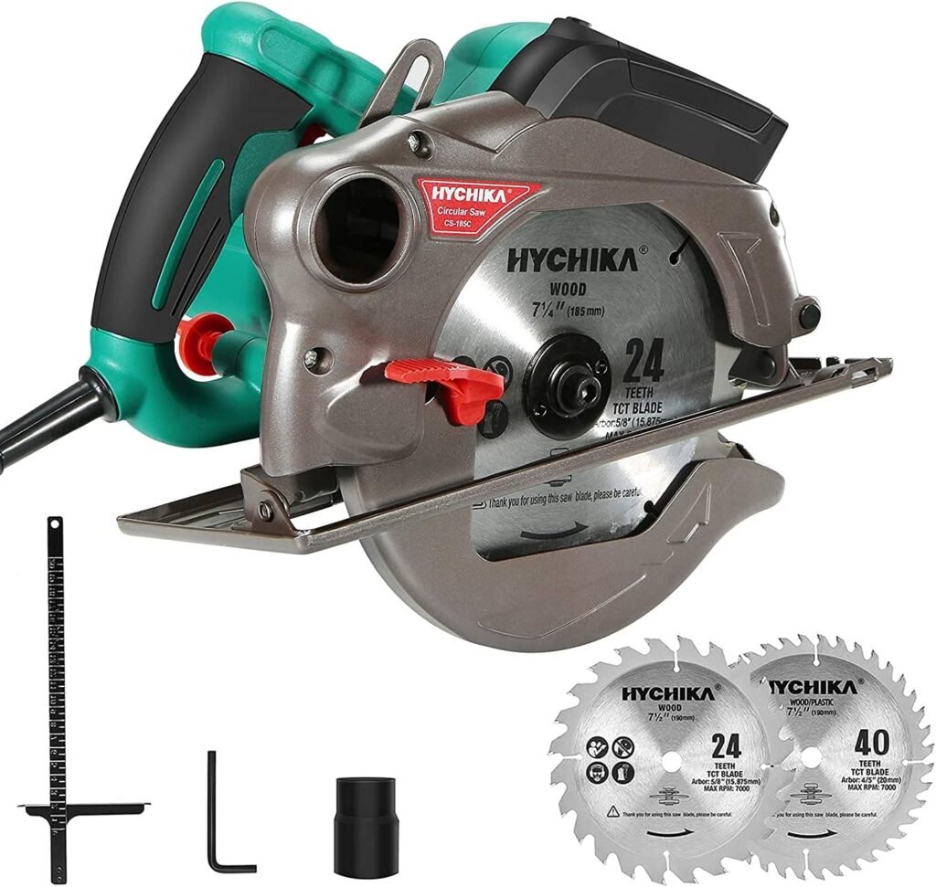 Circular Saw,HYCHIKA 1500W/12.5A Corded Electric Saw with 4700RPM, 2Pcs Blades(24T+ 40T) plus 1 Allen Wrench,Max Cutting Depth 2-1/2”(90°), 1-4/5”(45°)