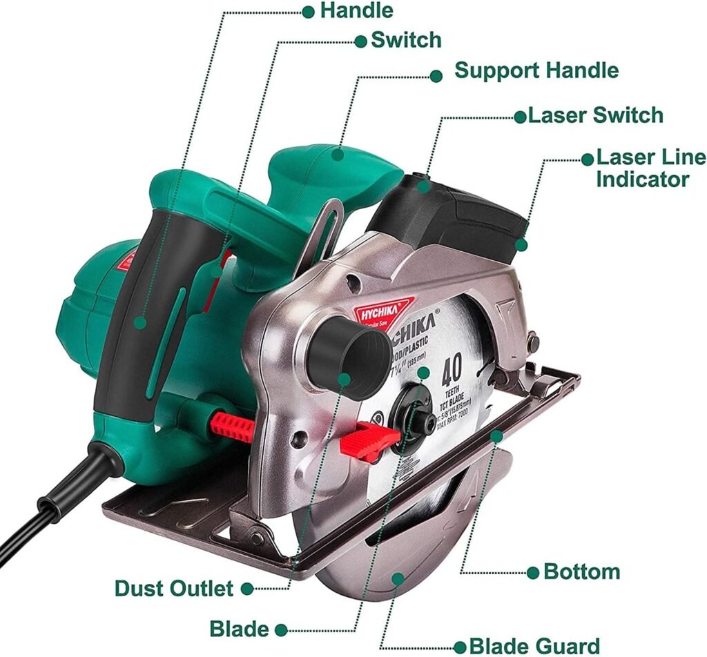 Circular Saw,HYCHIKA 1500W/12.5A Corded Electric Saw with 4700RPM, 2Pcs Blades(24T+ 40T) plus 1 Allen Wrench,Max Cutting Depth 2-1/2”(90°), 1-4/5”(45°)