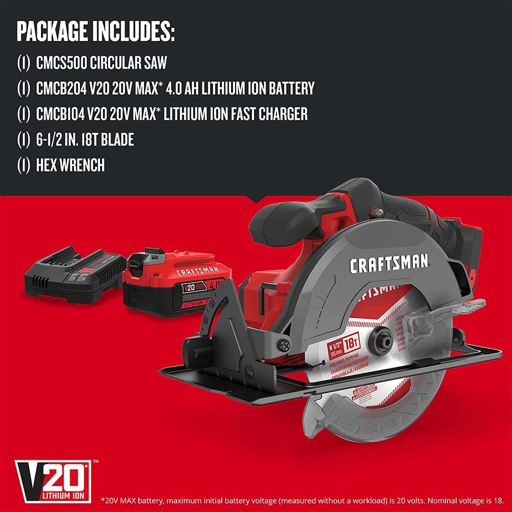 CRAFTSMAN V20 Cordless Circular Saw Kit, 6-1/2 inch, Battery and Charger Included (CMCS500M1)