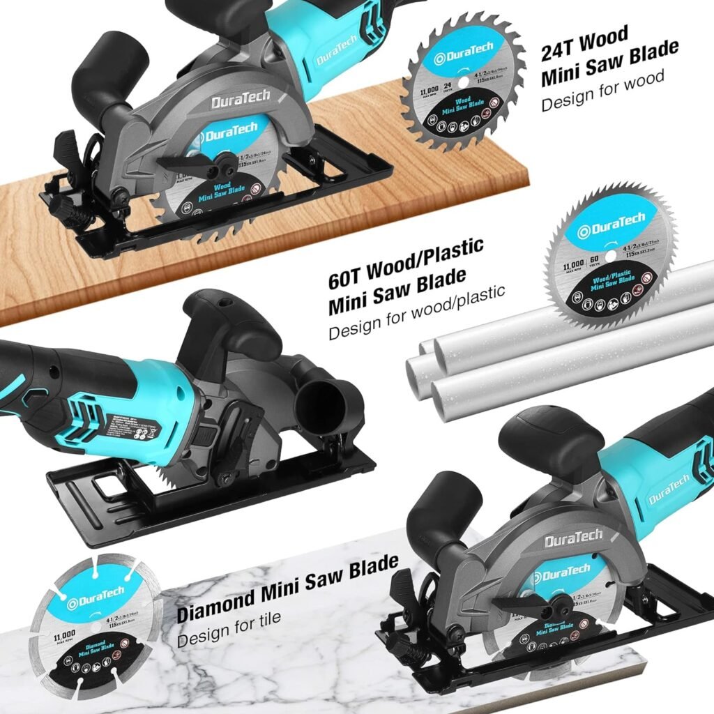 DURATECH Circular Saw, 20V 4-1/2 Inch Mini Circular Saw with Battery, Charger, 3 Saw Blades(4-1/2”), Cordless Circular Saw for Tiles, Wood, Soft Metal, Plastic, Cutting Depth 1-11/16(90°),1-1/8(45°)