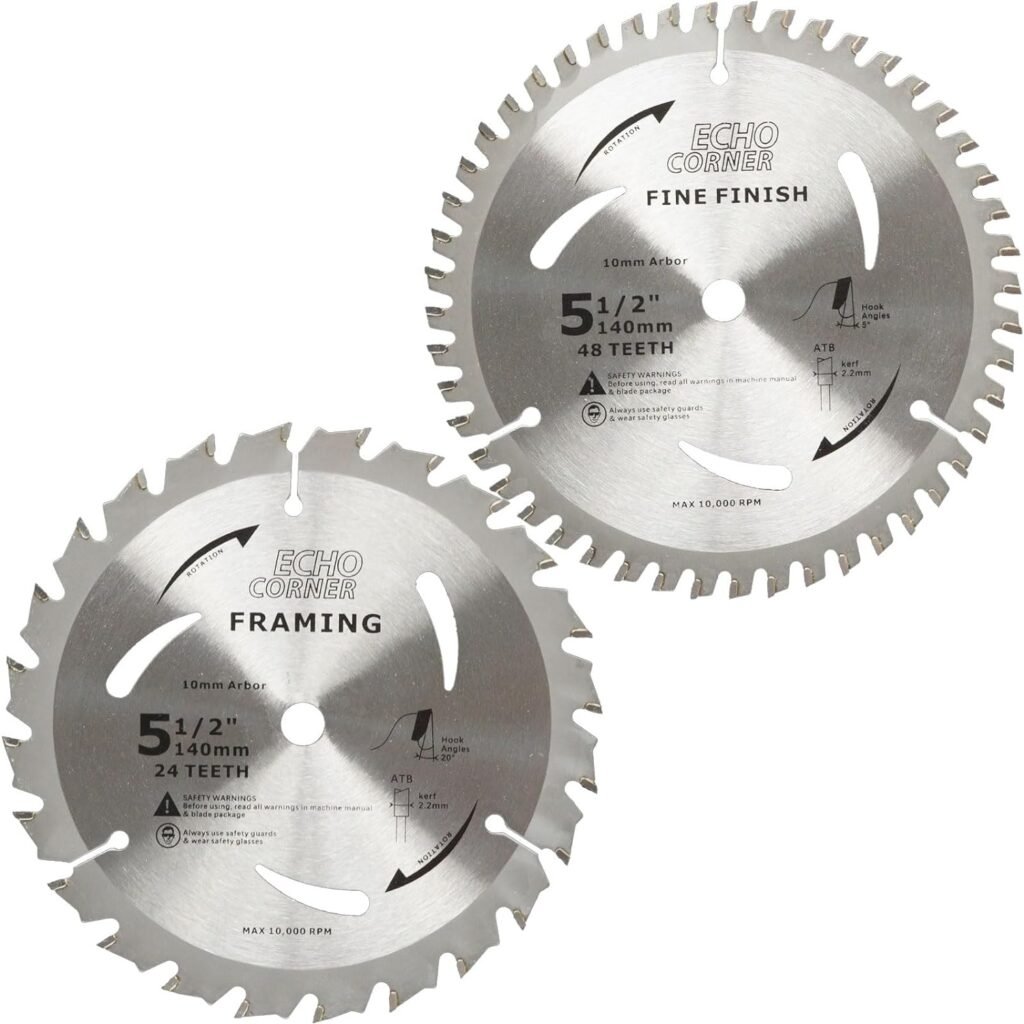 Echo Corner 5-1/2 Circular Saw Blades, Wood Cutting Fine Finish Crosscut Framing Trimming, Combo Pack 24T+48T, 10mm Arbor