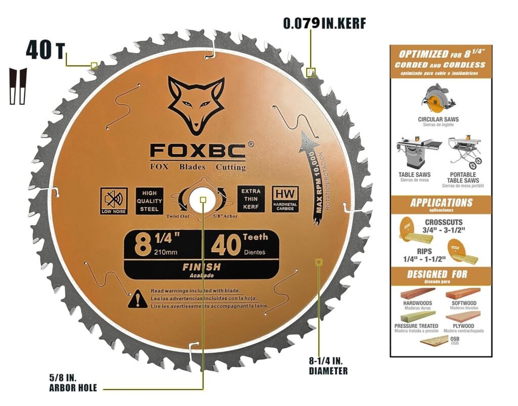 FOXBC 8-1/4 Inch Table Saw Blade 40 Tooth, Replacement for Freud Diablo D0840, DeWalt DWA181440 Finishing Circular Saw Blade, DeWalt DWE7485 Table Saw with 5/8 Arbor, Diamond Knockout