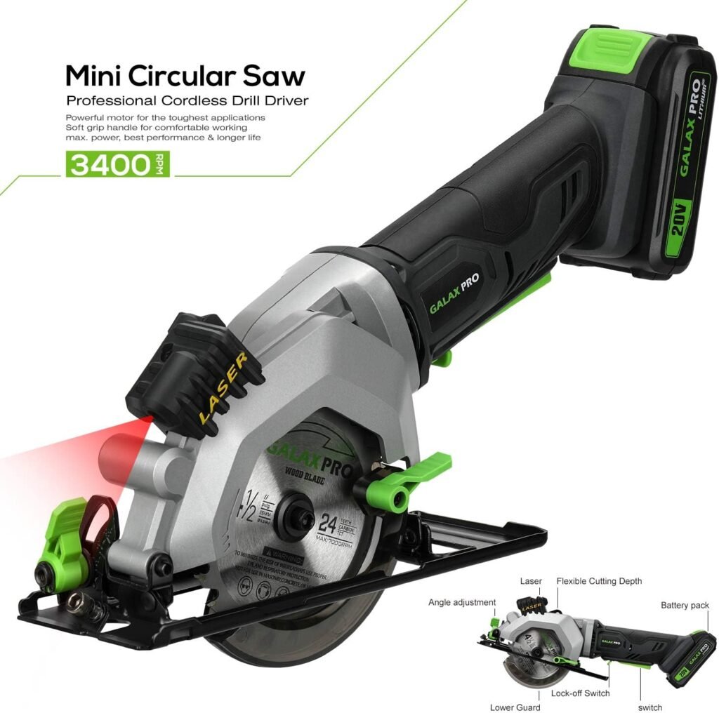 GALAX PRO 20V 4-1/2 Cordless Circular Saw with 2.0Ah battery, Laser Guide, Rip Guide, 6 Pcs Blades, 3400RPM, Max Cutting Depth 1-11/16(90°), 1-1/8(45°)