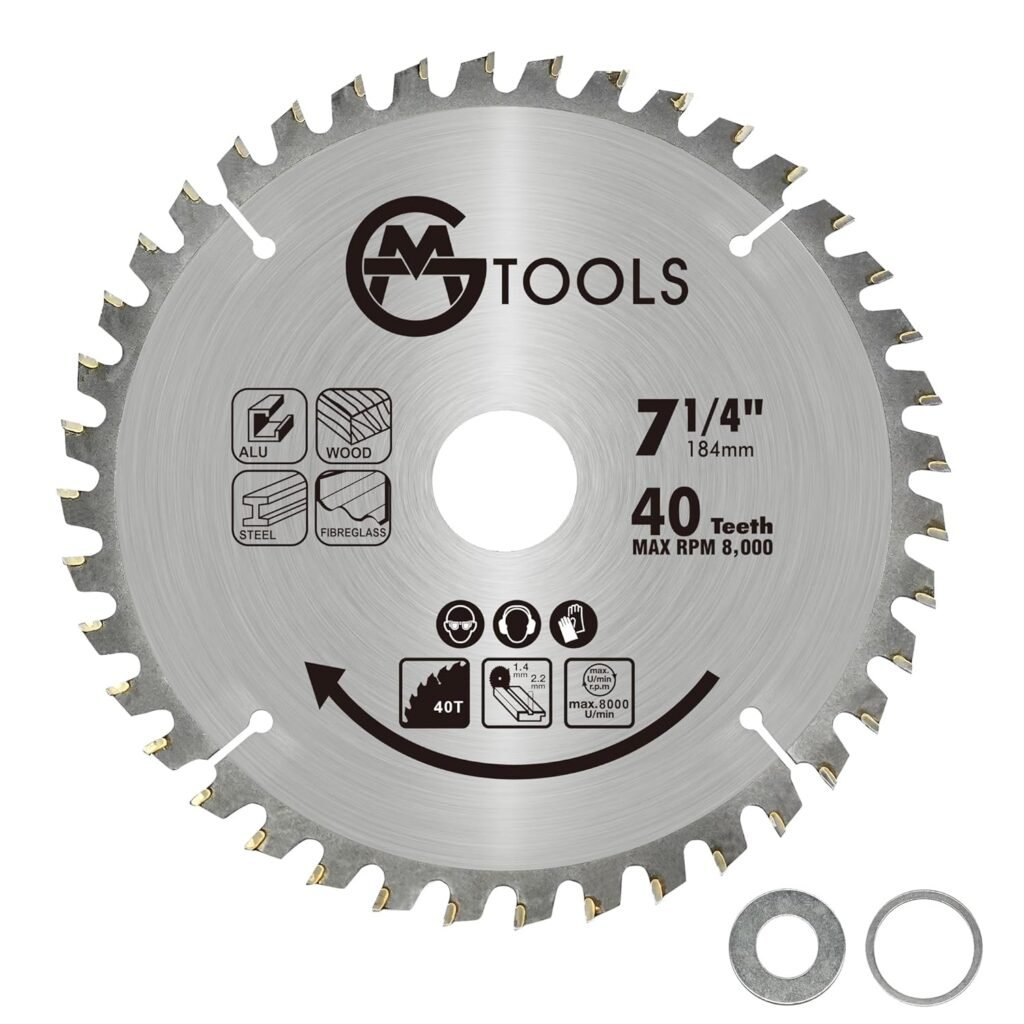 GMTOOLS 7-1/4 Inch 40 Teeth Carbide Tipped Circular Saw Blade with 5/8-Inch Arbor, Professional ATB Finishing Woodworking Saw Blade for Plywood, Laminate, Ripping Wood, Crosscuts Wood, 1-Pack