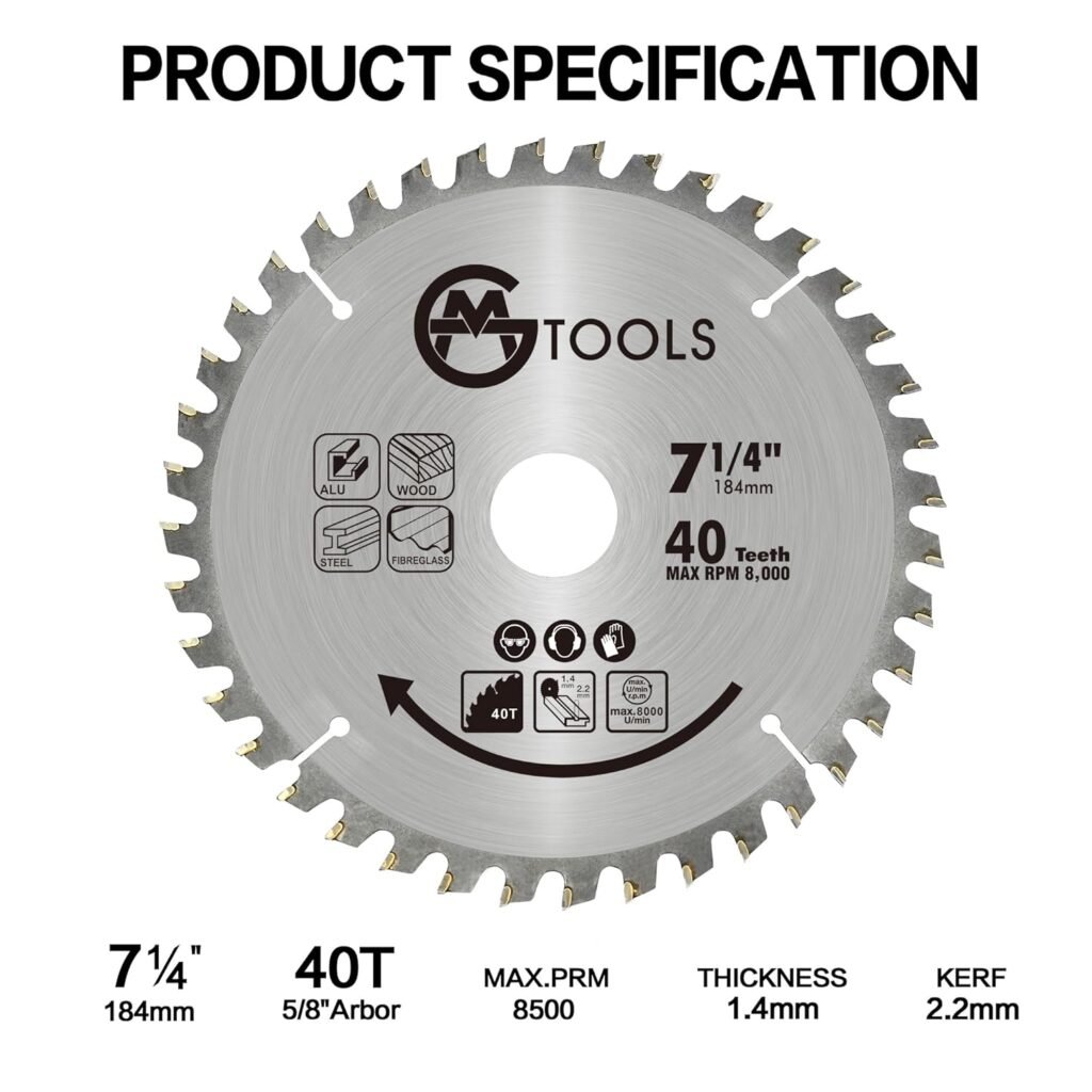 GMTOOLS 7-1/4 Inch 40 Teeth Carbide Tipped Circular Saw Blade with 5/8-Inch Arbor, Professional ATB Finishing Woodworking Saw Blade for Plywood, Laminate, Ripping Wood, Crosscuts Wood, 1-Pack