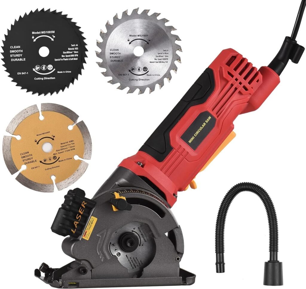 Mini Circular Saw, Weytoll 4.8Amp Compact Circular Saw, 3700RPM with Lasing Guide Scale Ruler Vacuity Port 3 sawblades for Cutting Woods Tile and Soft Metal Design for Small Projects