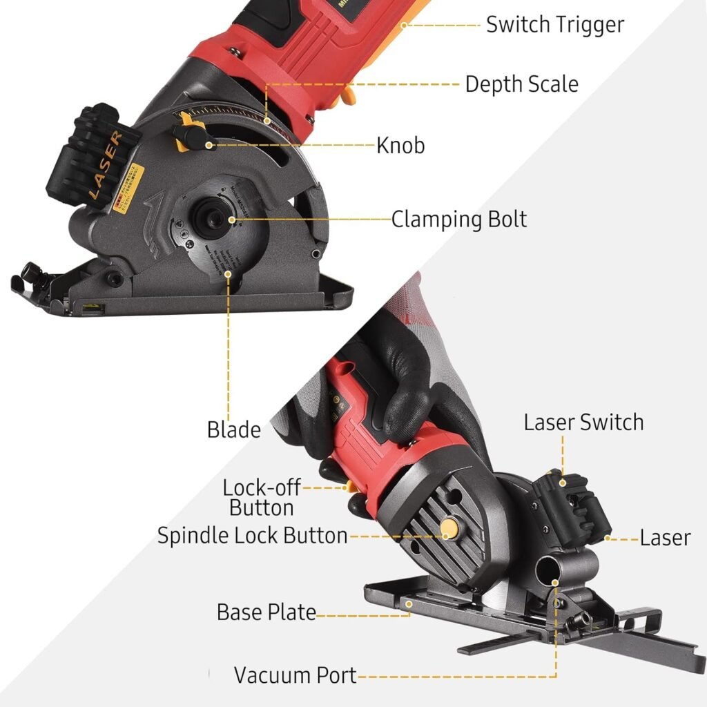 Mini Circular Saw, Weytoll 4.8Amp Compact Circular Saw, 3700RPM with Lasing Guide Scale Ruler Vacuity Port 3 sawblades for Cutting Woods Tile and Soft Metal Design for Small Projects