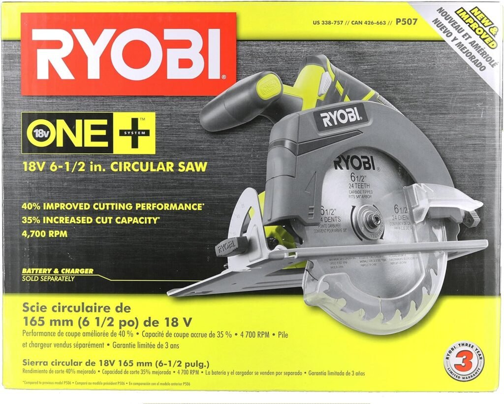 Ryobi P507 One+ 18V Lithium Ion Cordless 6 1/2 Inch 4,700 RPM Circular Saw w/ Blade (Battery Not Included, Power Tool Only)