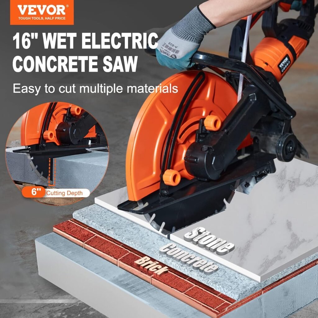 VEVOR Electric Concrete Saw, 16 in, 3200 W 15 A Motor Circular Saw Cutter with Max. 6 in Adjustable Cutting Depth, Wet Disk Saw Cutter Includes Water Line, Pump and Blade, for Stone, Brick