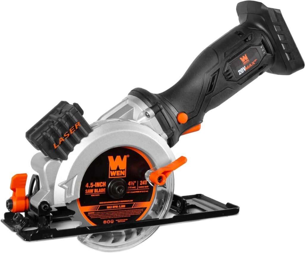 WEN 20V Max 4-1/2-Inch Cordless Mini Circular Saw with 2.0Ah Battery and Charger (20604)