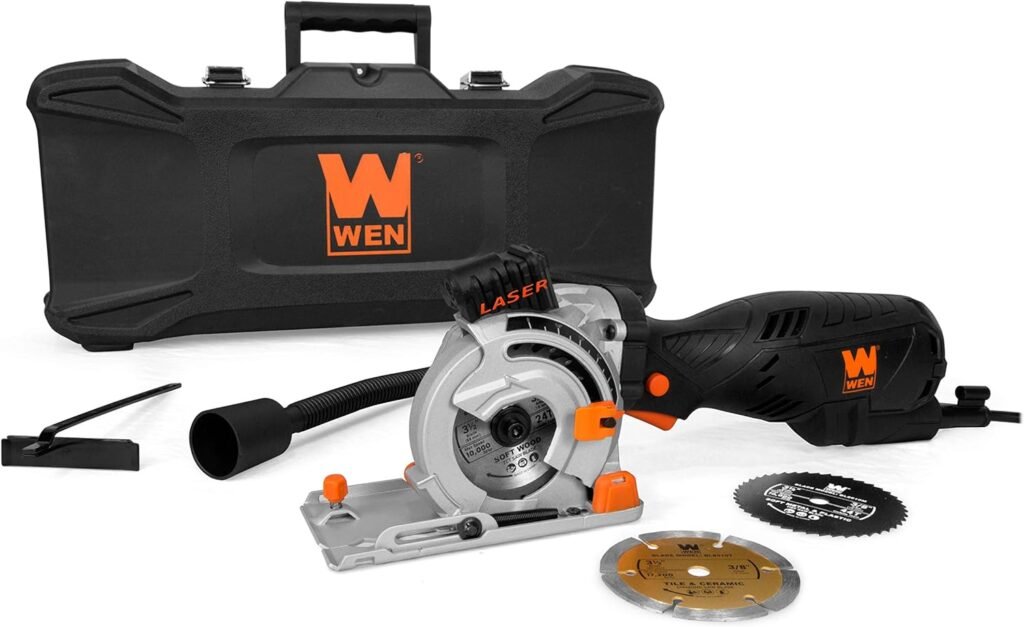 WEN 3620 5-Amp 3-1/2-Inch Plunge Cut Compact Circular Saw with Laser, Carrying Case, and Three Blades